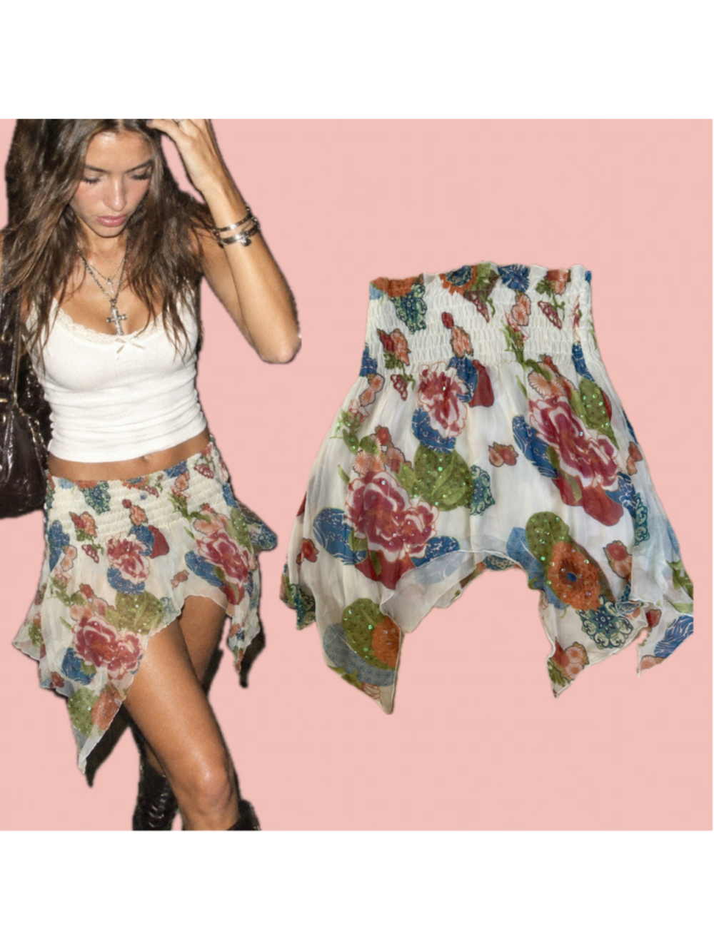 Vintage Y2K Silk Blend Floral Sequin Handkerchief Mini Skirt